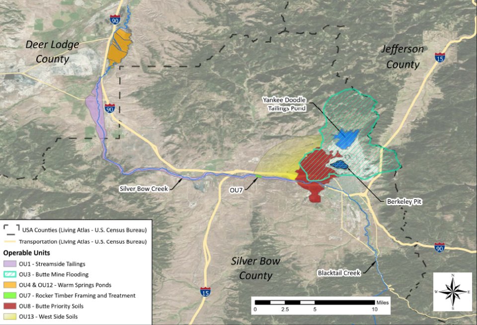  Butte Site Map with boundaries of the OUs set on a terrain background map.