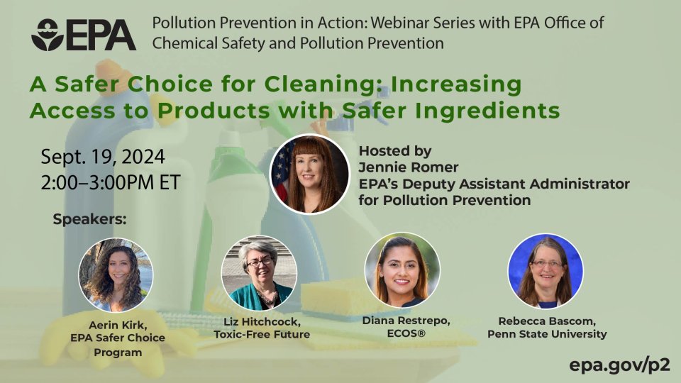 Graphic promoting Pollution Prevention (P2) Webinar on September 19 2024 about the EPA Safer Choice Program