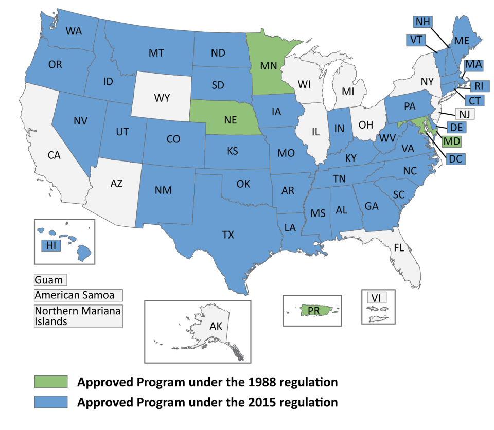 Map of the United States showing states with approved programs under the 1988 regulation in green and states with approved programs under the 2015 regulation in blue.