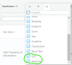 •	Two additional columns (GLP and Authority) have been added to the Hazard > Skin / Eye subtab, in addition to updating the source link. Please note that the GLP and Authority columns can be made visible through selection any column heading.