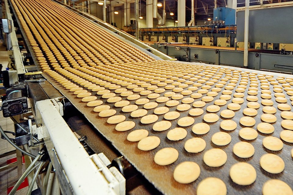 Food being created and processed in a factory.