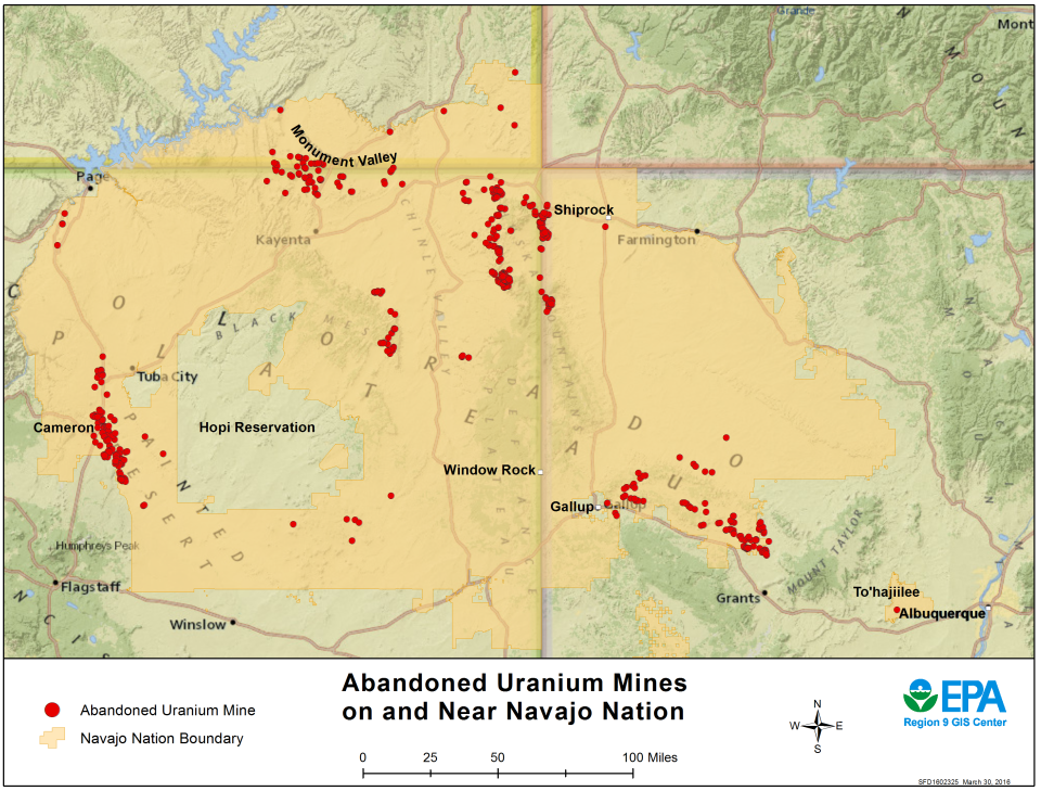 Map of Abandoned Uranium Mines on and near Navajo Nation | Click to Enlarge