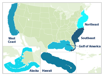 A map of the continental United States, Alaska, and Hawaii showing the location of U.S. coastal regions including the West Coast, Gulf of America, Southeast, Northeast, Alaska, and Hawaii.