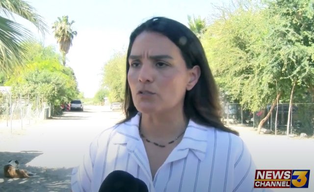 Martha Guzman speaks to reporters at Oasis Mobile Home Park in Thermal, CA.