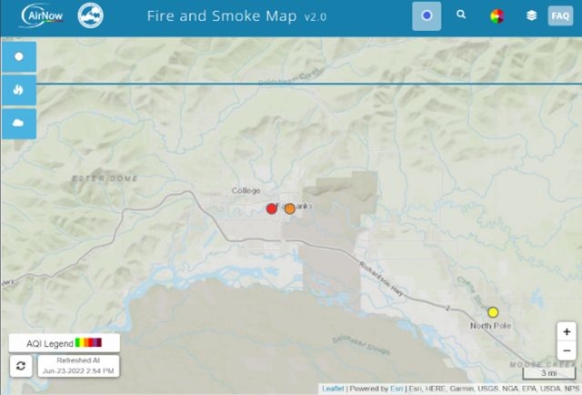 The AirNow Fire and Smoke Map showing the national network of PurpleAir sensors reporting air quality data. 