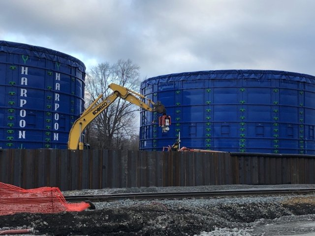 Large blue sheet piling installed