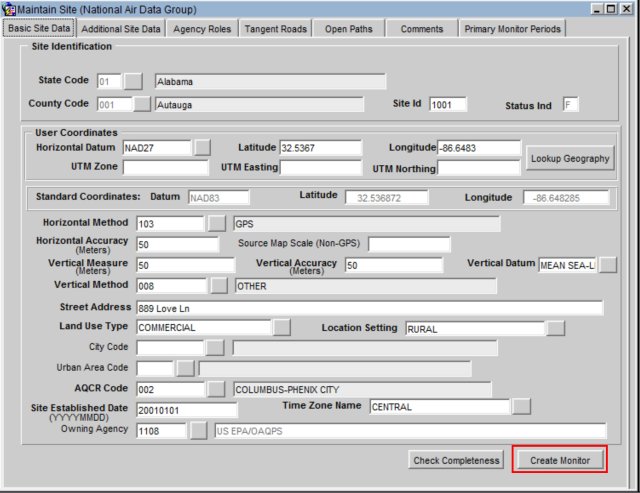 screenshot of the maintain site form with the create monitor button highlighted in AQS