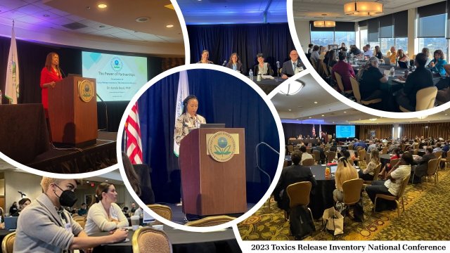 Collage of images from the 2023 TRI conference, including people speaking at podium and sitting in audience listening