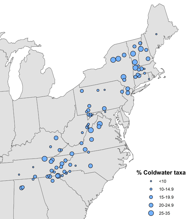 Map showing percentages of cold water macroinvertebrate taxa in different stream locations.