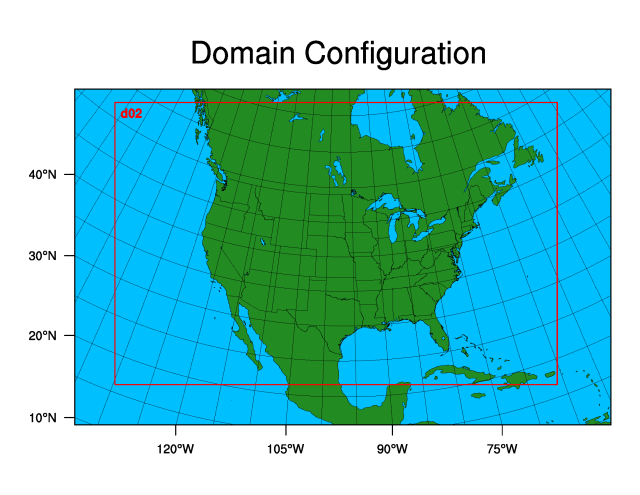 Two boxes that indicate the geographic modeling area, including the contiguous United States and most of Canada, Mexico, and Caribbean islands. A slightly smaller box represents the area that is covered by all the EDDE version 1 data.