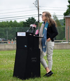 EPA SBIR Program Manager April Richards helps announce the new project at a press conference in Whitney Point alongside local leaders and industry members.