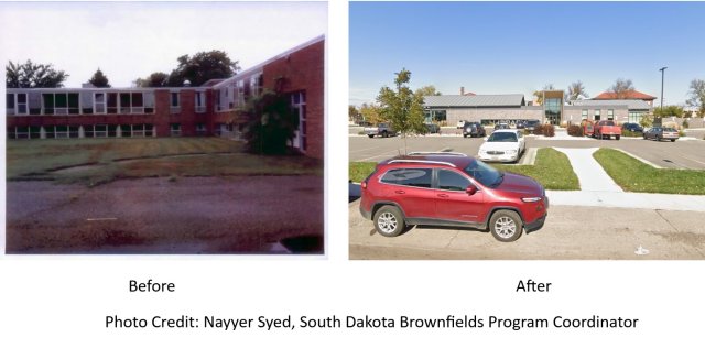 On the left is a photograph of a red brick abandoned church, with the caption “Before”. On the right is a photograph of a newly constructed grey brick library  with the caption reading “After”.