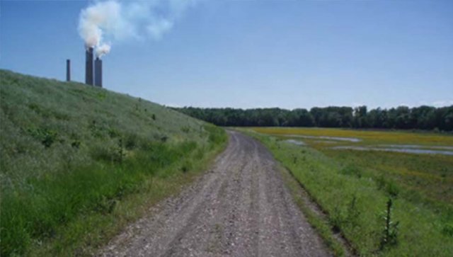 road leading up to the Petersburg coal-fired power plant with pond b on the right