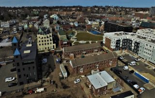 Aerial view of Ryan Park and surrounding buildings