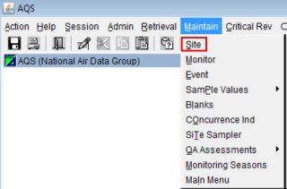 screenshot of how to access the maintain site form in AQS