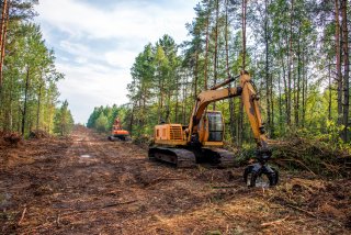 Heavy machinery on a logging road.