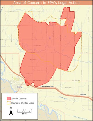 Map showing approximate boundary of EPA's nitrate "area of concern" north of Yakima Valley Highway near Granger in Yakima County, Washington.