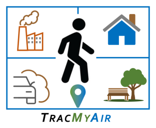 TracMyAir graphic identifier. A stick person in the middle of four images: a house, a tree, an industrial building, and a car.