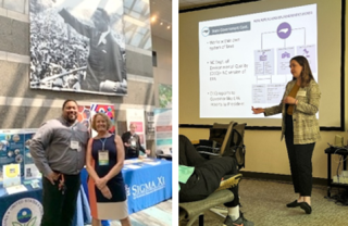 Kelly Witter stands with former CE-STEM intern, Alonzo Brandon Alexander, at an outreach event (left). Former SSI participant, Bailey Recktenwald, gives a presentation to 2023 SSI students about her career in STEM (right). 