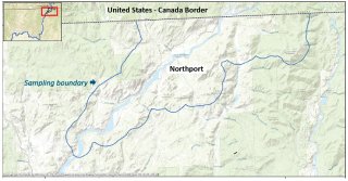 Topographical map showing boundary of EPA's lead sampling area around Northport in northeast Washington.